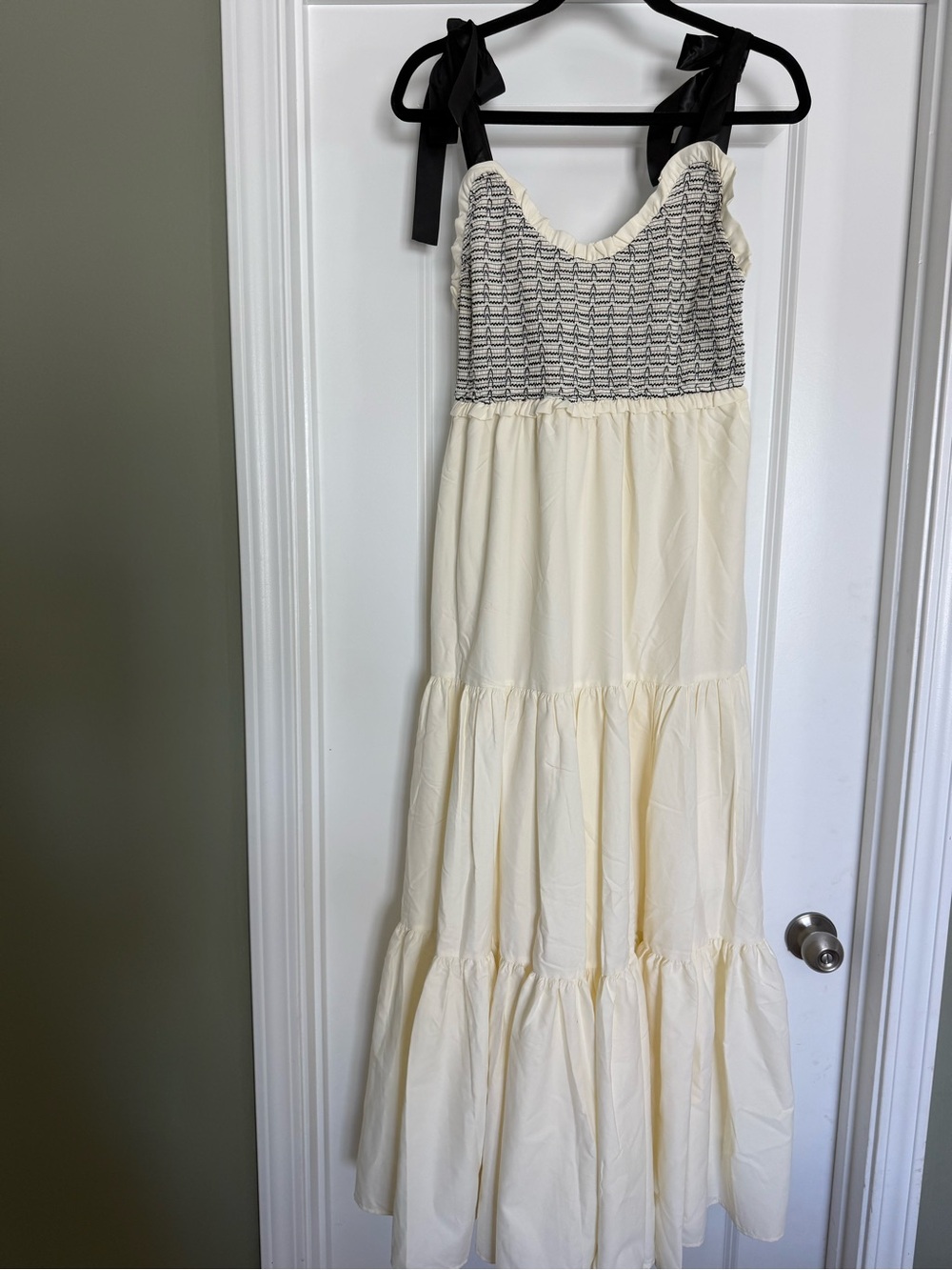 Cream Tiered Maxi Dress with Black Tie Straps
